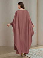Women's Satin Evening Dress, Middle Eastern Style, Cape Design Boat Neck Waist-Hugging Long Dress with Metal Buckle, Elegant Maxi Gown for Banquet & Party - The color of rouge