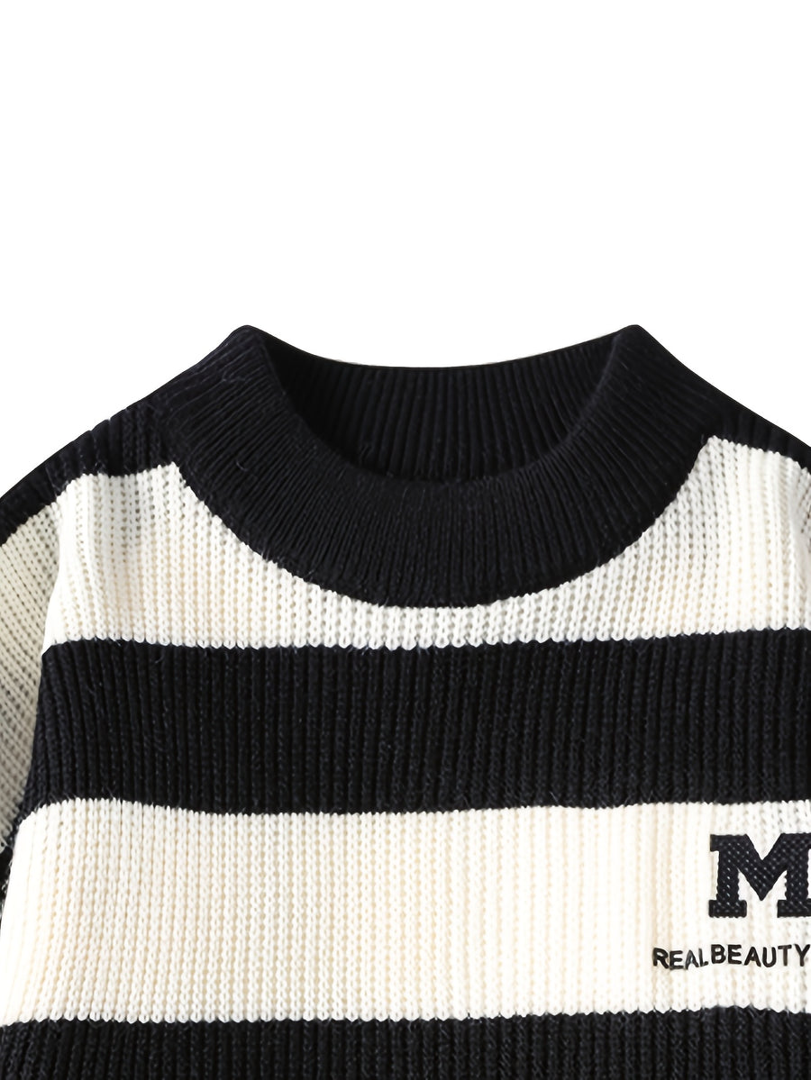 2026 Autumn And Winter Youth Men'S Round Neck Knitted Shirt Multi-Color Splicing Stripe Casual Fashion Versatile Top - Black