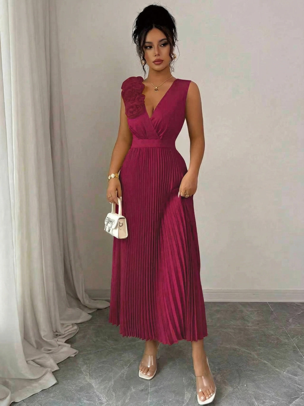 Red Floral Pleated Maxi Dress with V-neck Design, Cinched Waist, Floral Appliqué Details, and A-line Silhouette, Suitable for Weddings, Dates, and Evening Parties - Burgundy