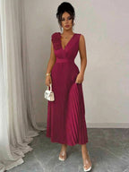 Red Floral Pleated Maxi Dress with V-neck Design, Cinched Waist, Floral Appliqué Details, and A-line Silhouette, Suitable for Weddings, Dates, and Evening Parties - Burgundy