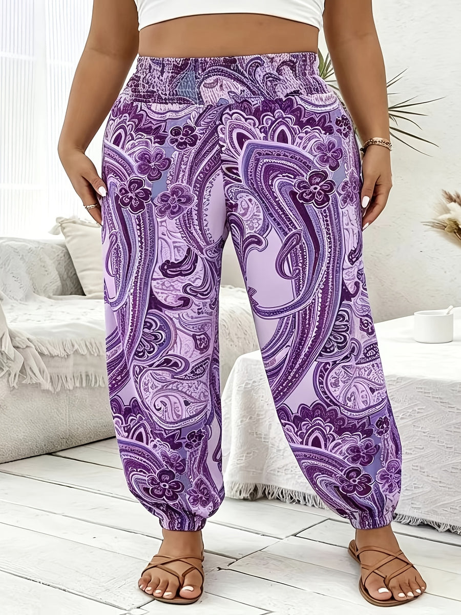 Vacation Full Body Printed High-Waist Elastic Waist Fashion Long Pants - Suit 8