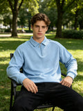 Textured Half-Zip Polo Sweatshirt, Men'S Spring/Autumn Casual Versatile Stand-Up Collar Pullover Long Sleeve Top - Sky Blue