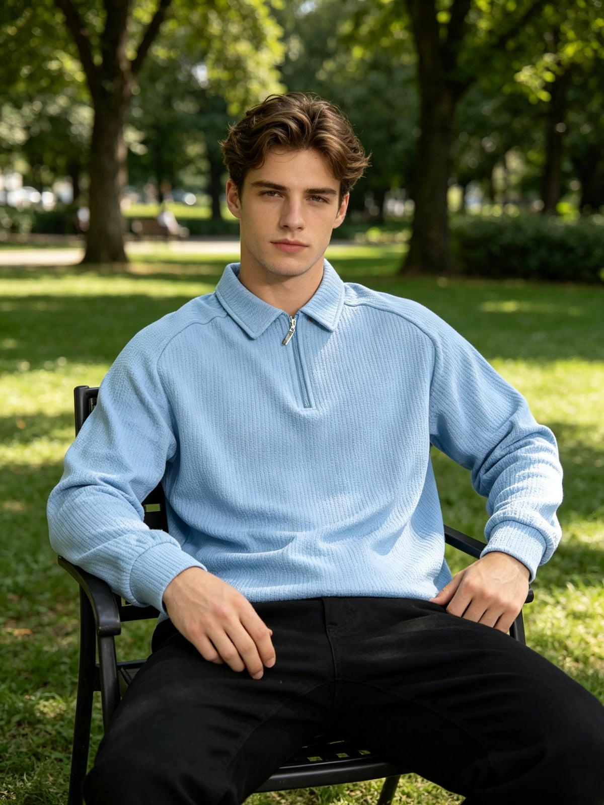 Textured Half-Zip Polo Sweatshirt, Men'S Spring/Autumn Casual Versatile Stand-Up Collar Pullover Long Sleeve Top - Sky Blue