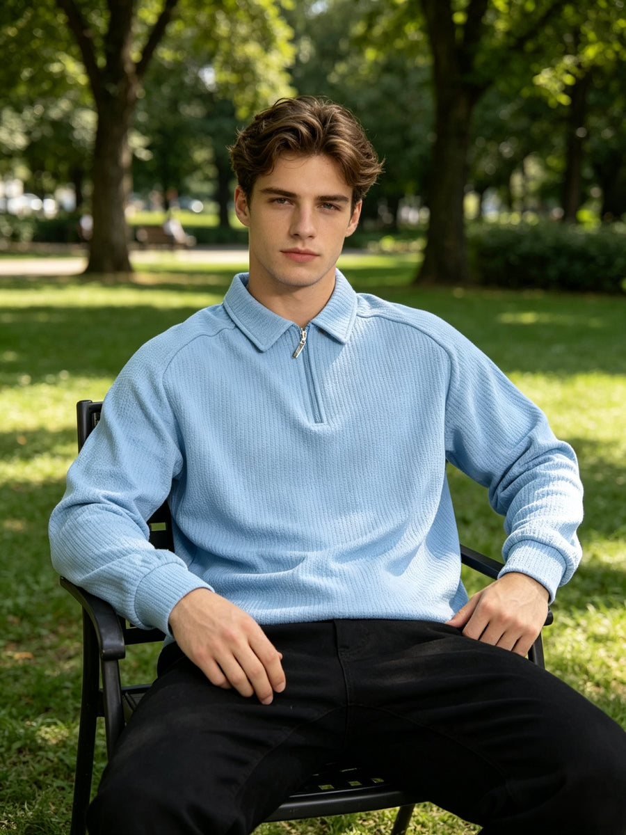 Textured Half-Zip Polo Sweatshirt, Men'S Spring/Autumn Casual Versatile Stand-Up Collar Pullover Long Sleeve Top - Sky Blue
