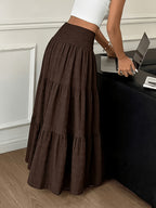 Fashionable Layered Patchwork French Style Solid Long Skirt, with Tie-Waist Elastic Waist Design, A-Line Silhouette, Suitable for Women on Vacation, Layered Design, Breathable Fabric, Suitable for Casual Occasions, Suitable for Spring And Summer - Coffee Color
