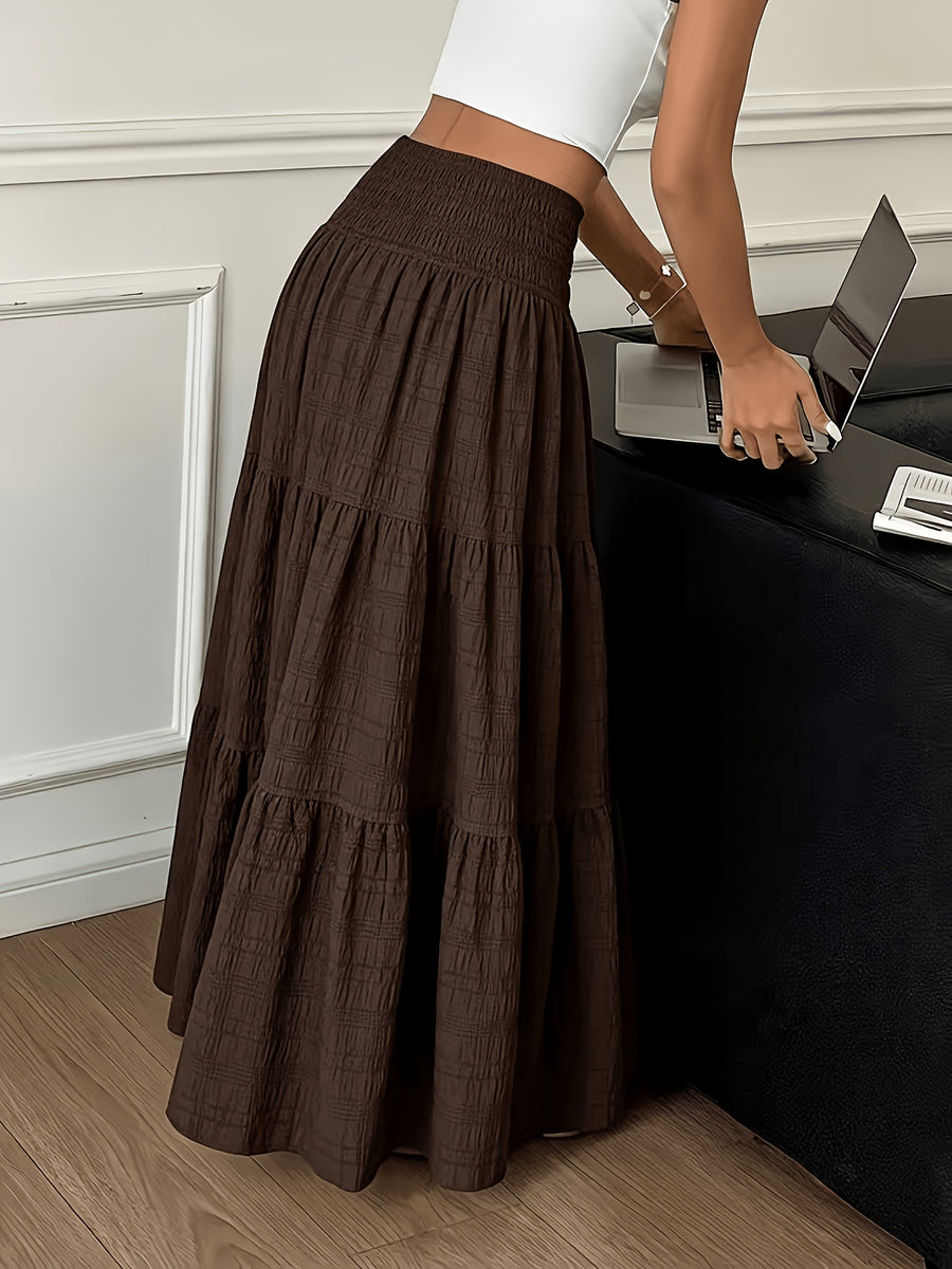 Fashionable Layered Patchwork French Style Solid Long Skirt, with Tie-Waist Elastic Waist Design, A-Line Silhouette, Suitable for Women on Vacation, Layered Design, Breathable Fabric, Suitable for Casual Occasions, Suitable for Spring And Summer - Coffee Color