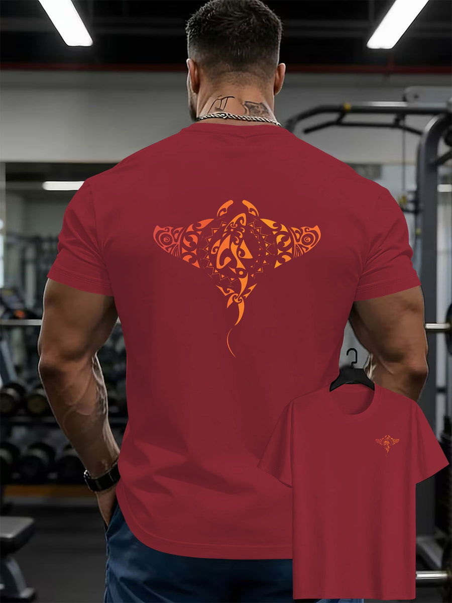 100% Men'S T-Shirt, Multi-Colors Available, Men'S Manta Ray Pattern T-Shirt, Front And Back Print T-Shirt, Summer Casual Round Neck Short Sleeve T-Shirt - Deep Red