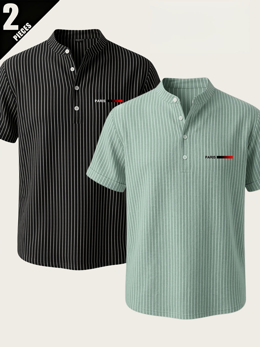 2pcs Men'S Striped Henley Shirt Set, PARIS Chest Print Short Sleeve Shirt, Lightweight Breathable Regular Fit, Suitable for Casual Wear, Travel, And Layering - Black+Green
