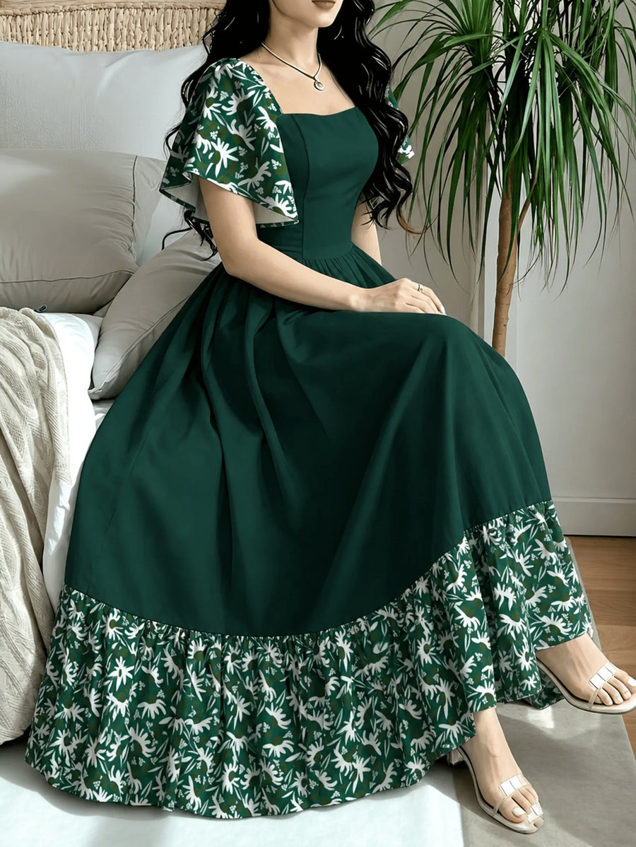 The Summer Floral-Themed Elegant Resort-Style Dress Features a Butterfly Wing Print Design, a Square Neckline And Short Sleeves, Is Equipped with a Waist-Cinching Design, And Has a Moderate Length - Dark Green