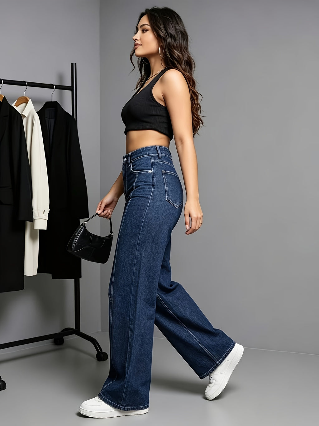 Women's Denim New Casual Fashion Daily Comfort Straight-leg Loose Stretch Blue Women's Jeans - Deep Blue