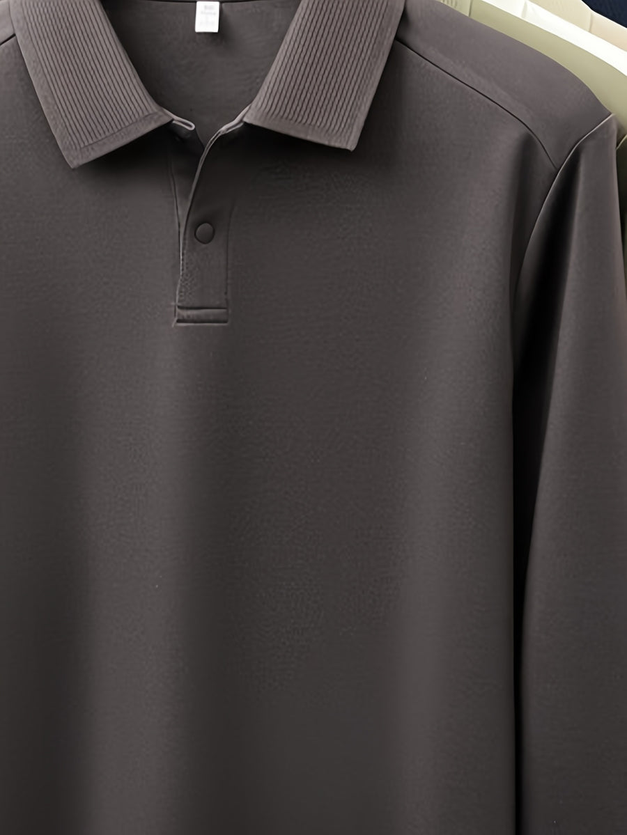Men'S Lapel Long Sleeve Polo Shirt, 2-Button Design, Ribbed Polo Collar, Suitable for Commute And Casual Wear, Can Be Worn Inside Or Outside - Coffee Color