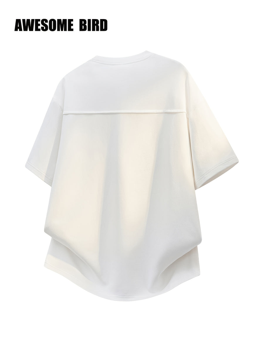 American-style Heavyweight Deconstructed Rivet-Patch Short-Sleeve T-Shirt for Men, Summer Lightweight Fiber Fabric Quick-Dry Loose Fit Tee - White