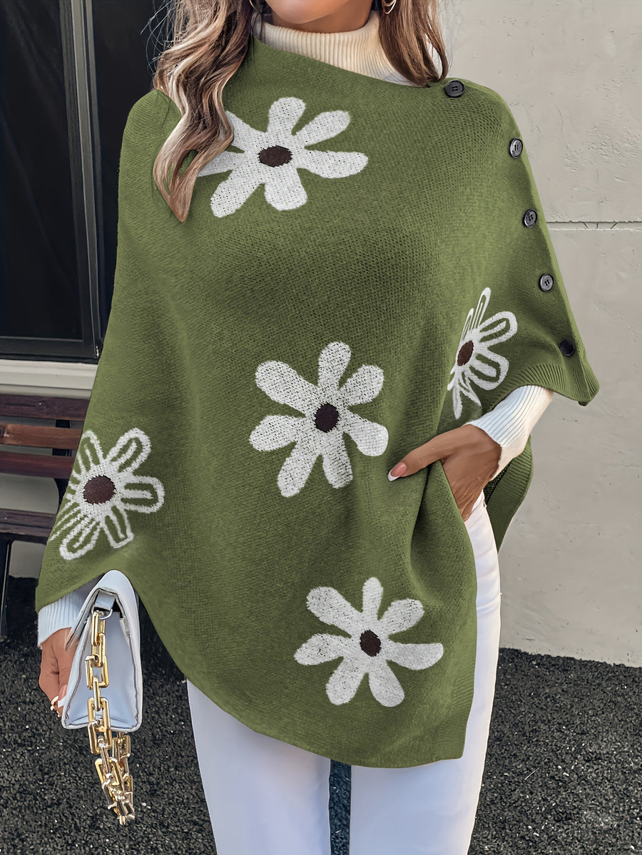 A Versatile And Elegant Cape That Can Be Worn in Various Styles Throughout The Year, Featuring Fashionable Contrasting Colors And a Textured Design, Complete with Buttoned Details - Olive Green