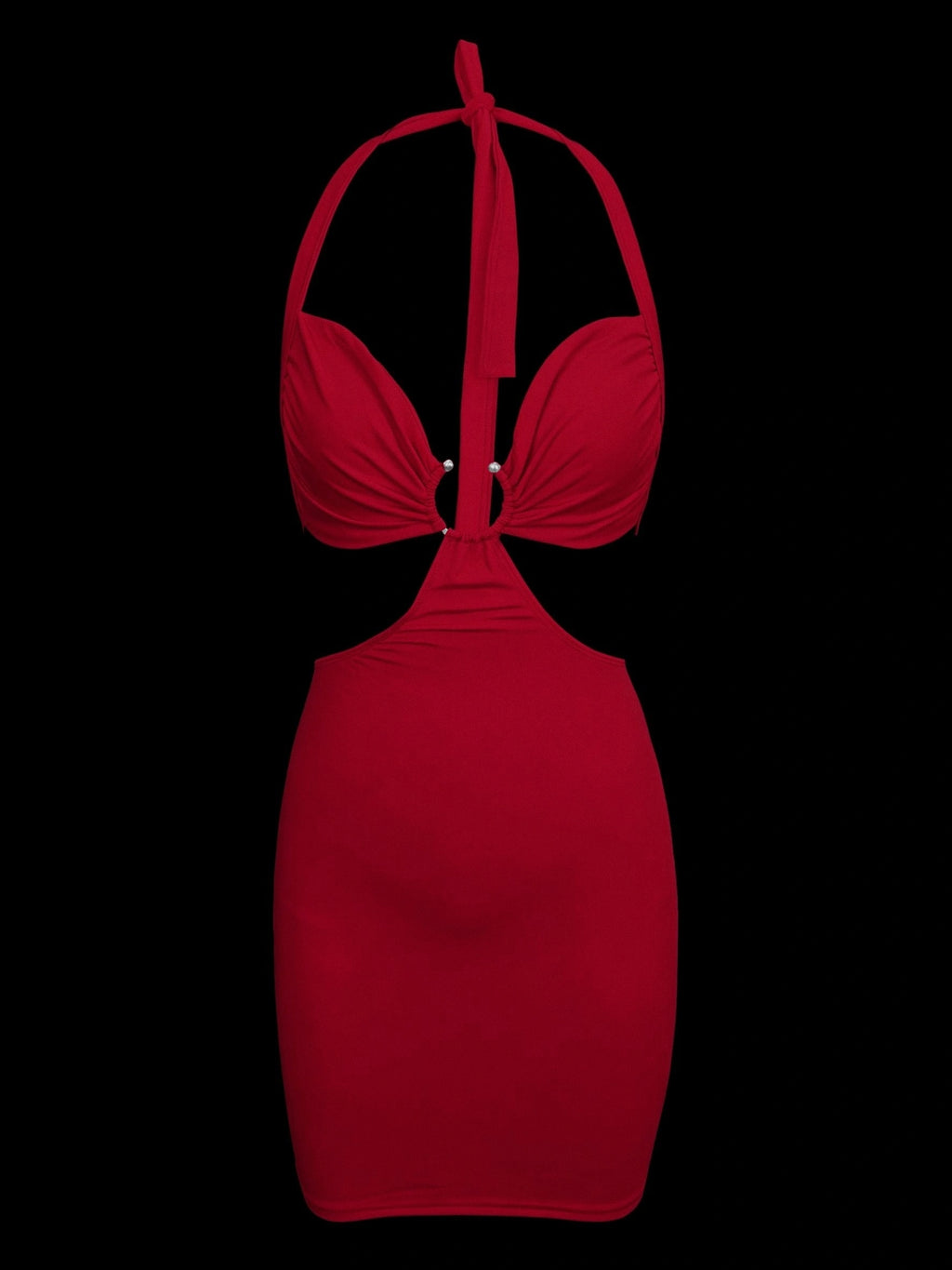 Women'S Halter Neck Hollow Out Hip Wrap Mini Dress Chest Pleated Metal Decoration Party Dress - Red