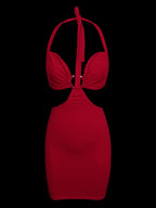 Women'S Halter Neck Hollow Out Hip Wrap Mini Dress Chest Pleated Metal Decoration Party Dress - Red
