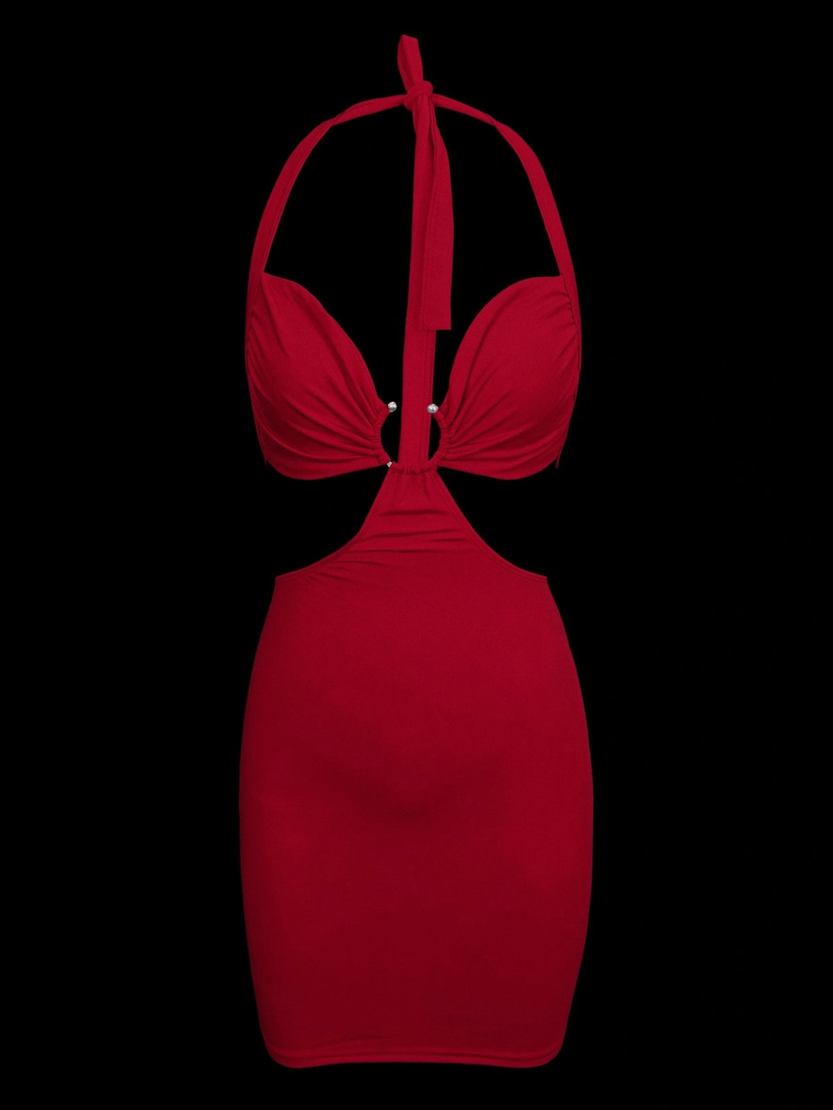 Women'S Halter Neck Hollow Out Hip Wrap Mini Dress Chest Pleated Metal Decoration Party Dress - Red