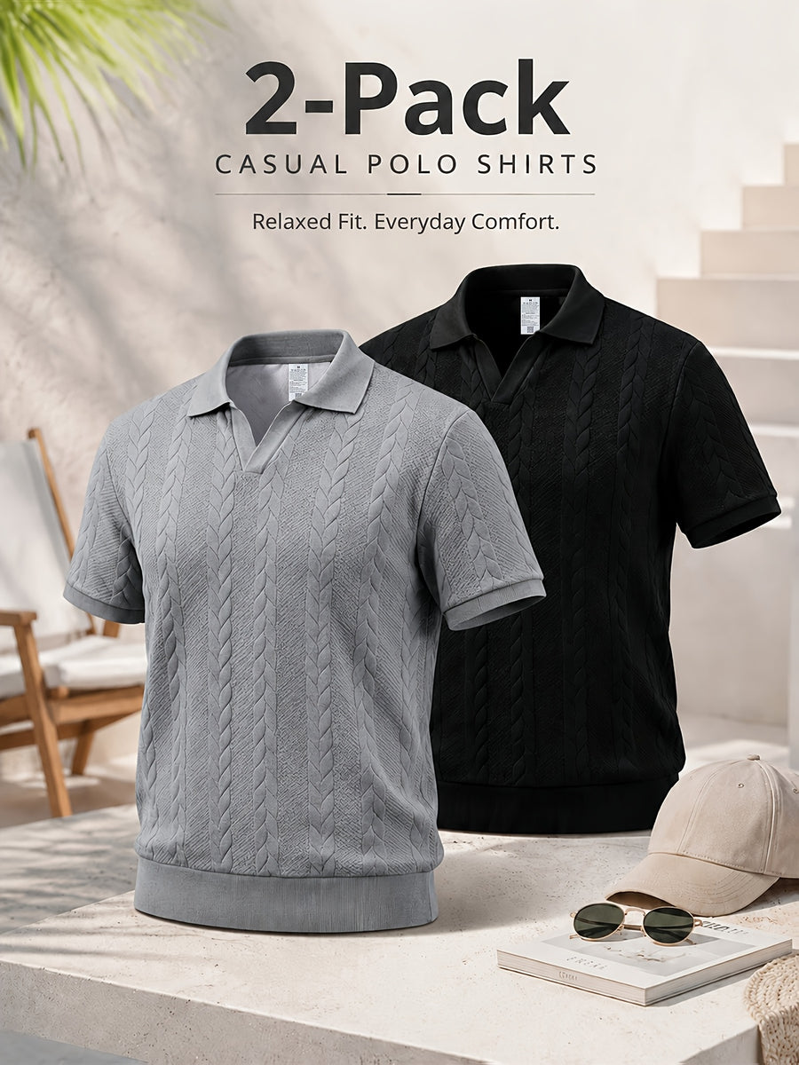 2pcs Men's Summer Jacquard Ribbed Lapel Loose Fit T-Shirt Golf Casual Business Versatile Knit Short Sleeve Polo Shirt - Light Grey+Black