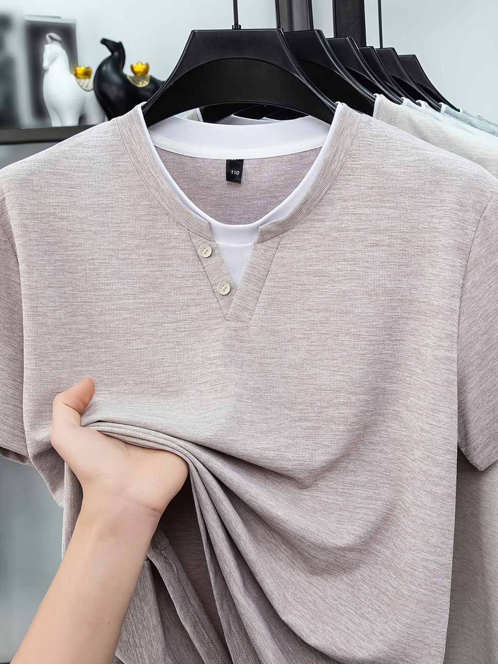 [Saa Xing OBM] Spring Summer New Men'S Polo Shirt, Faux Two-Piece V-Neck Open Collar And Round Neck Short Sleeve T-Shirt Men'S Business Casual Fashion Breathable All-Match Knit Pullover Base Layer Top - Light Pink Color