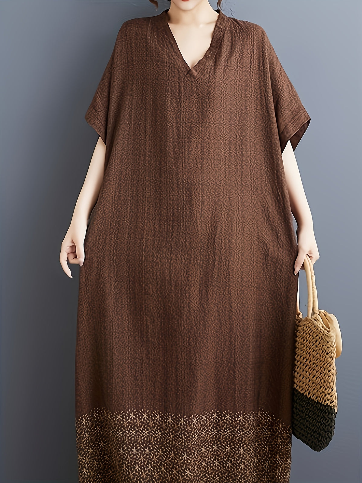 Plus Size Loose Comfortable Easy V-Neck Tie-Pocket Home Robe - Dark Brown