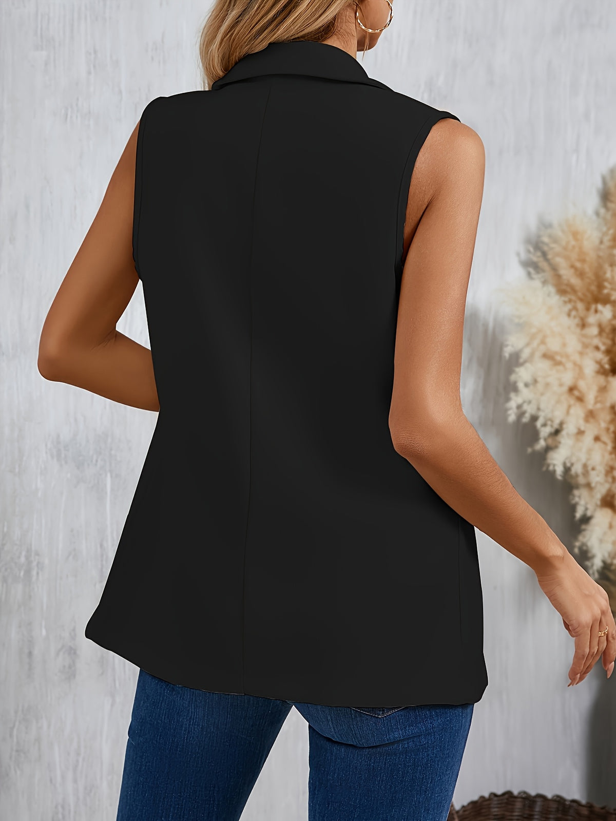 Button Front Lapel Vest, Elegant Solid Color Sleeveless Vest For Spring & Fall, Women's Clothing - Black