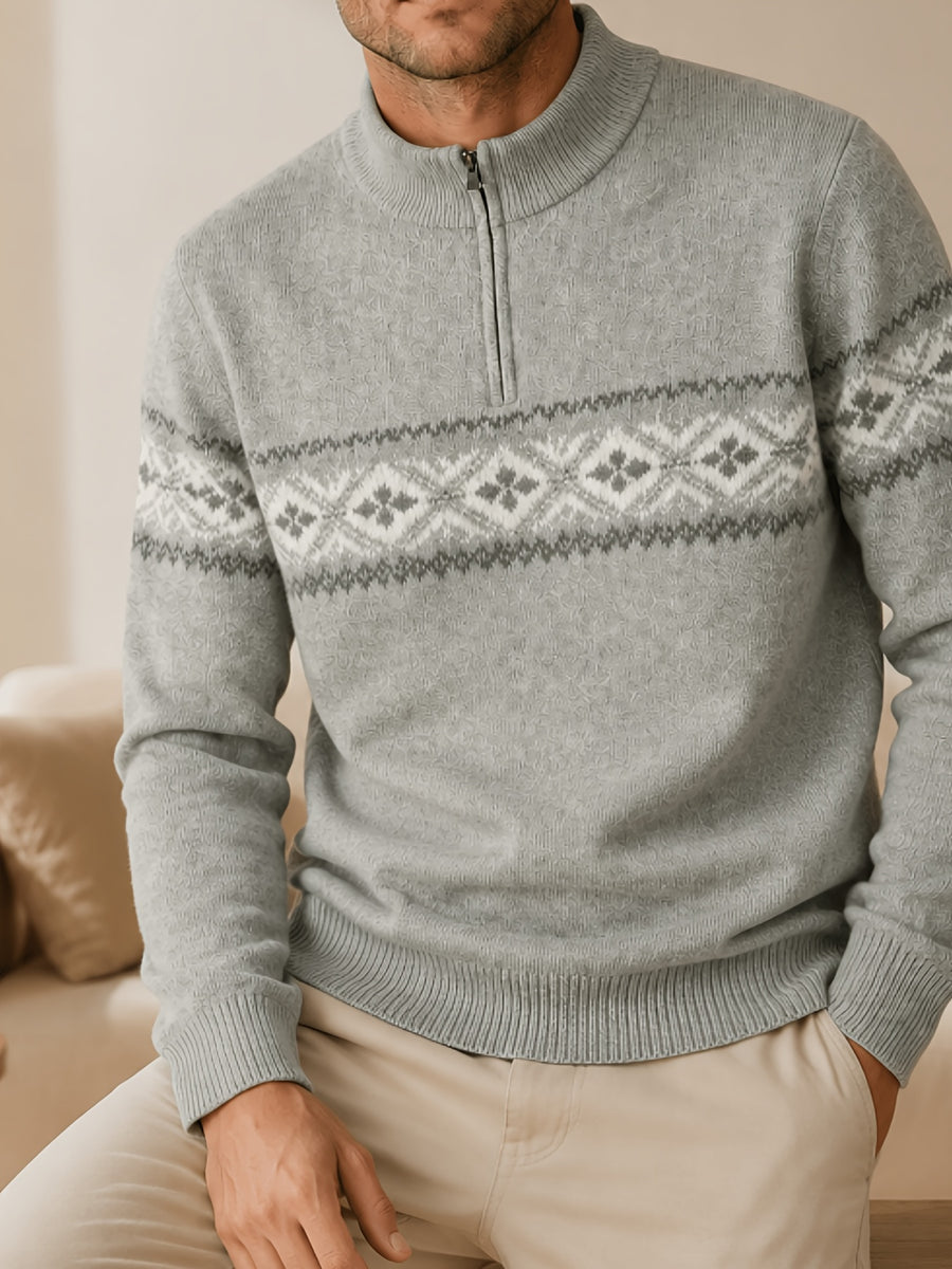 Du Jing Lan OBM Spring/Autumn New Arrival Men's Knitted Pullover, Old Money Style Contrast Color Stand-Up Collar Half-Open Placket Long Sleeve Knitted Pullover, Men's Business Casual Fashion Ribbed Sweater with Stand-Up Collar and Half-Open Placket - Medium Gray