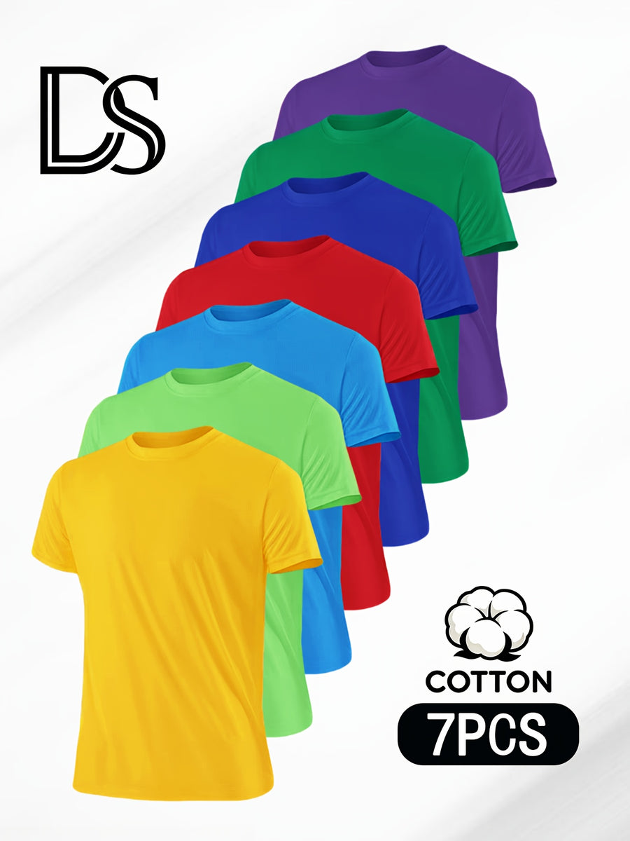 7pcs Men's Pure Crew Neck Short Sleeve T-Shirts, Unisex Basic Short Sleeve Tops, Matching Couple's Style, Comfortable, Soft, Breathable, and Sweat-Wicking, Suitable for Layering or Wearing Alone, Ideal for Sports, Outdoor, Casual, and Commuting - Mix color 5