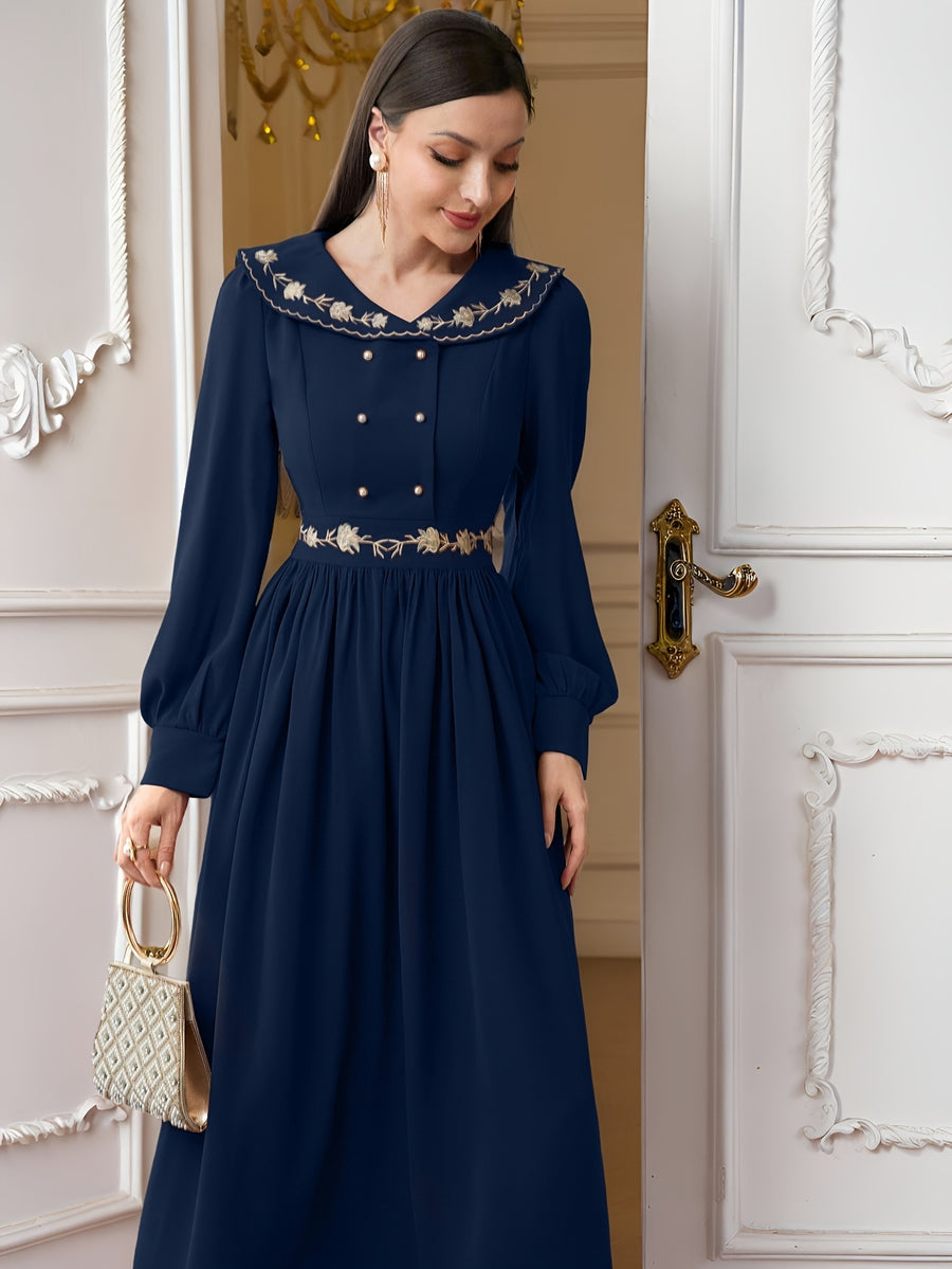 Vintage Lapel Heavy Craft Embroidered Long Sleeve Dress - Navy Color