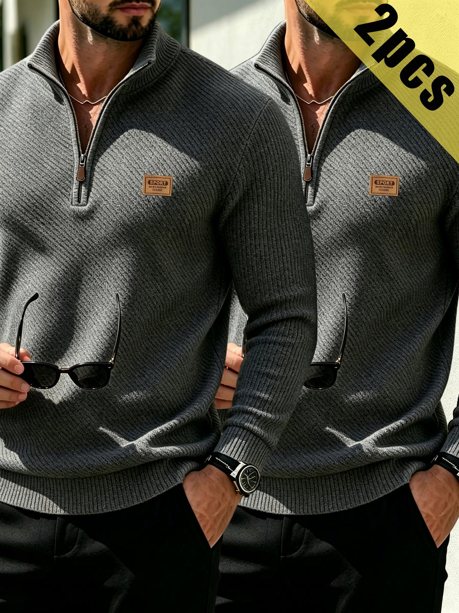 2pcs Men's Fashionable Versatile Top, Twill Texture Half-Zip Stand Collar Long-Sleeve Sweatshirt, Knitted Solid Color Long-Sleeve Casual Top for Daily Leisure, Sports & Fitness, Fashionable and Versatile. Soft, Comfortable, and Stylish Solid Color - Gray+gray