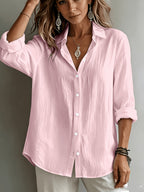 Elegant Vacation Style V-Neck, Loose Relaxed Linen Texture Shirt, Commute Style, Casual And Artistic, And Enhances Silhouette for Daily Use, Loose And Flowing, Breathable Shirt, Comfortable And Relaxed Style - Pink Color
