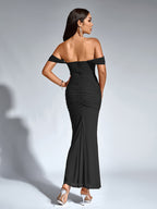 Women's Elegant Off-the-Shoulder mermaid gown - Formal party wedding long dress, Stretchy Bodycon fit, Non-Transparent Party Evening Gown for Women, Formal Attire, Highelasticity Fabric, Special Occasion Dress, High Elasticity Material, Formal Dress - Black