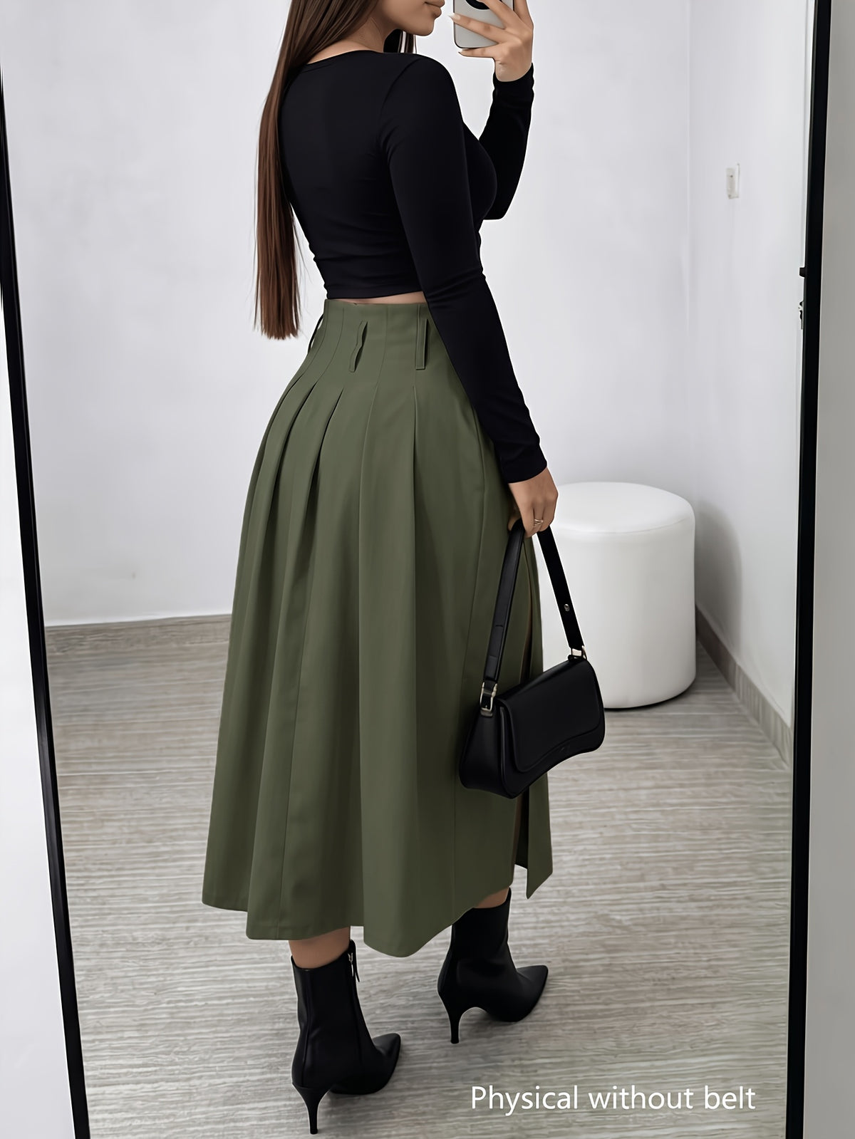 Spring and Autumn Women's High-Waist Pleated Skirt, Waist-Cinching Spicy Style, Versatile,, and Elegant Midi Length - Military Green