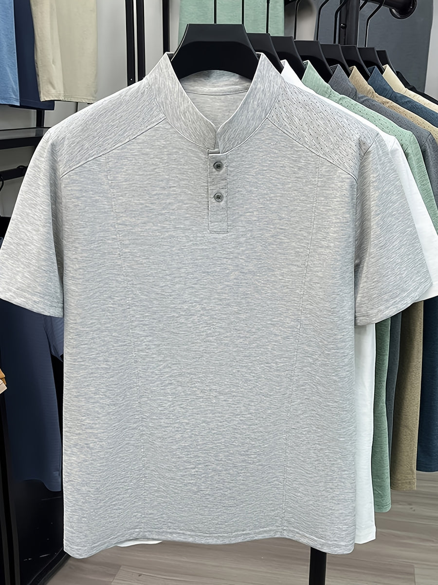 Men's Summer Short-Sleeve Stand Collar T-Shirt - Breathable Small Base Layer Shirt, Solid Color Business Casual Top Suitable for Daily Work Wear, Machine Washable & Dry Cleanable, Asymmetrical Hem - Flecking Gray