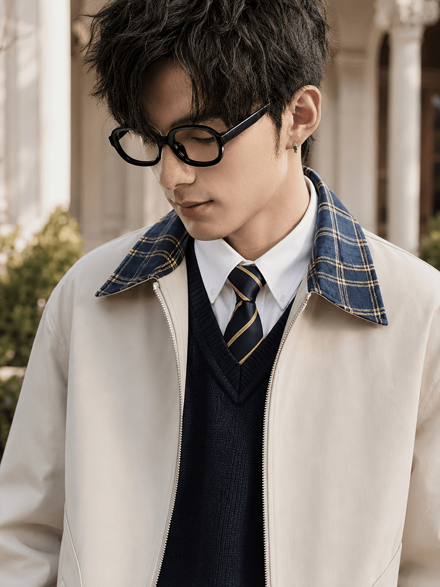 Men'S Spring Autumn Lapel Jacket, Retro Plaid Patchwork Collar Design, Loose Short Casual Top, Zippered Cardigan with Elastic Cuffs, Preppy Style Versatile Outerwear, Suitable for Commute, Campus, Streetwear, And Daily Wear - Milky