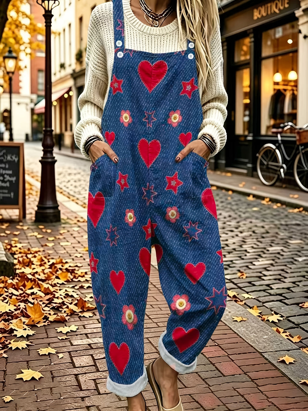 New Autumn Sweet Heart Star Flower Print Denim Overalls Women's Loose Wide Leg Rolled Hem Multi-Pocket Age-Reducing Casual Jumpsuit - Mixed colors