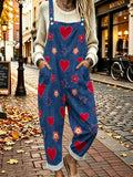 New Autumn Sweet Heart Star Flower Print Denim Overalls Women's Loose Wide Leg Rolled Hem Multi-Pocket Age-Reducing Casual Jumpsuit - Mixed colors