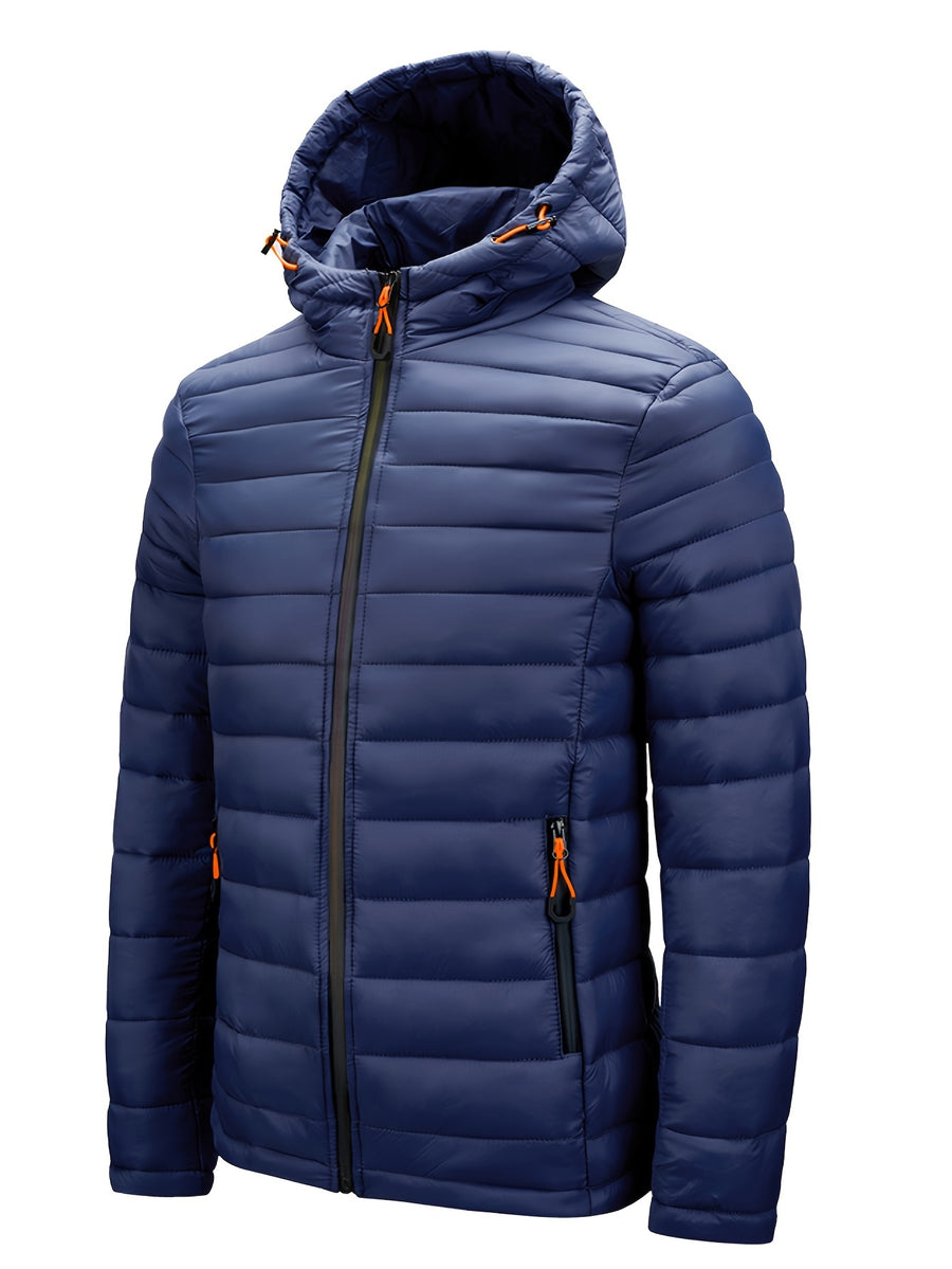 Men's Winter Padded Coat, Hooded Padded Top, Warm Quilted Jacket with Colorful Zipper Pockets - Navy Color