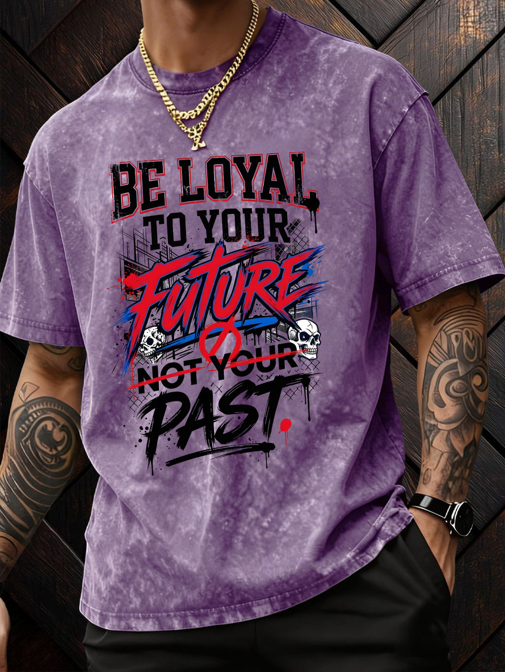 American-Style Washed Vintage Skull Graphic T-Shirt, Dark High Street Fashion Short Sleeves, Loose Fit with Motivational Slogans for Men - Purple