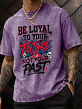 American-Style Washed Vintage Skull Graphic T-Shirt, Dark High Street Fashion Short Sleeves, Loose Fit with Motivational Slogans for Men - Purple