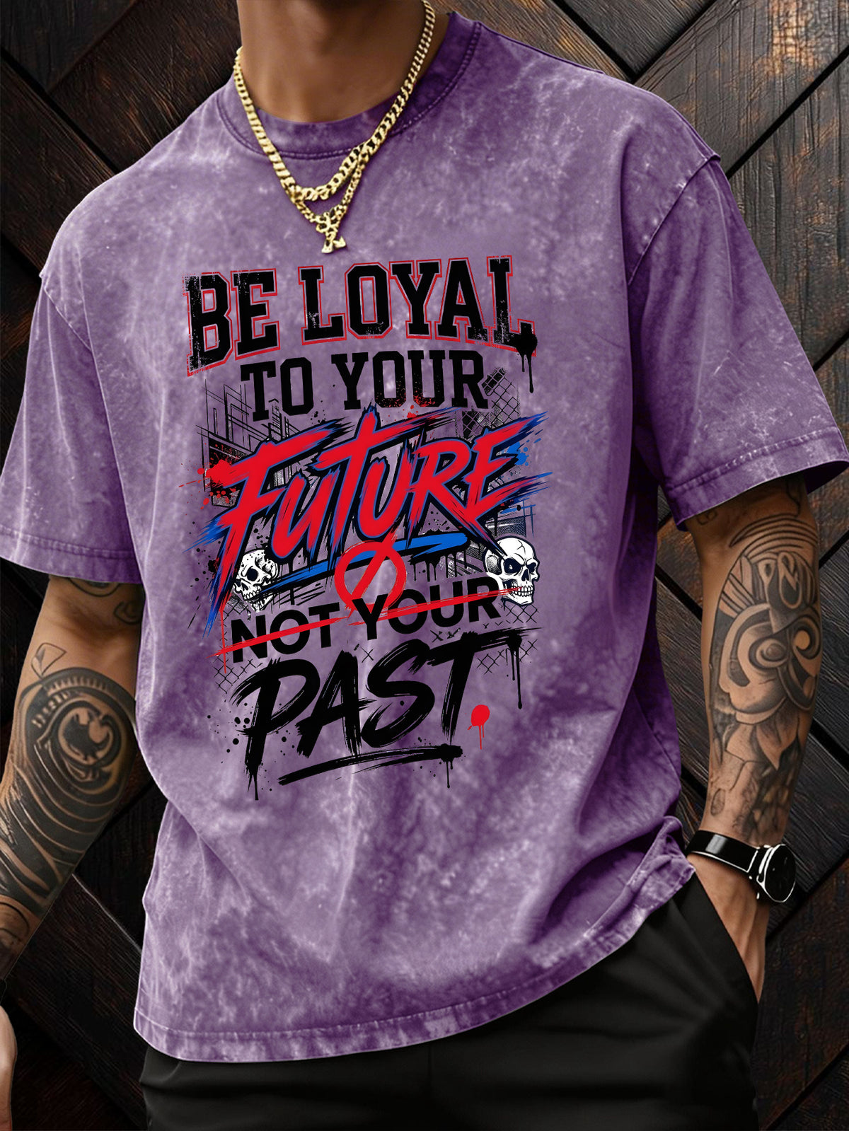 American-Style Washed Vintage Skull Graphic T-Shirt, Dark High Street Fashion Short Sleeves, Loose Fit with Motivational Slogans for Men - Purple