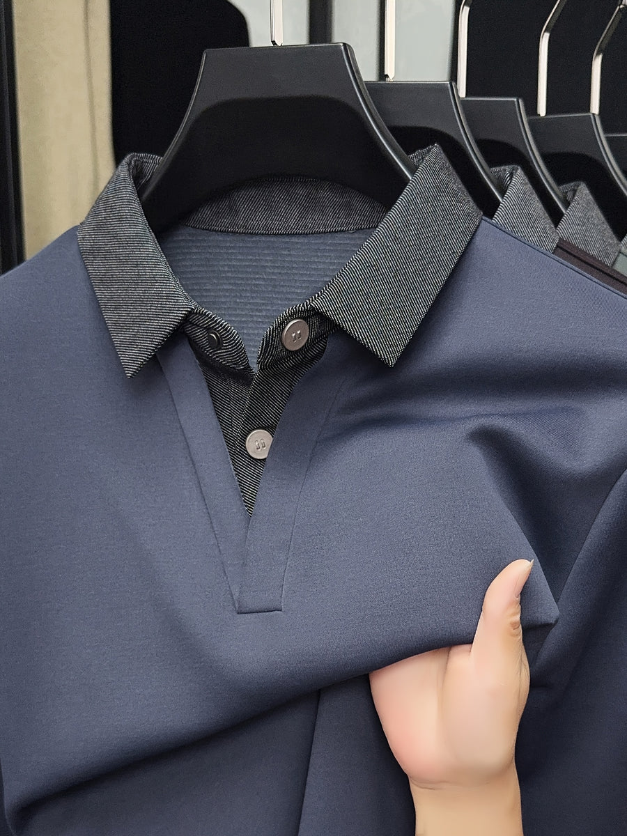 Men's Autumn/Winter 2-in-1 Look Polo Sweatshirt, Pullover Top, Business Casual, Daily Outings, Versatile and Durable, Warm and Comfortable, Ideal Gift Choice - Blue Grey