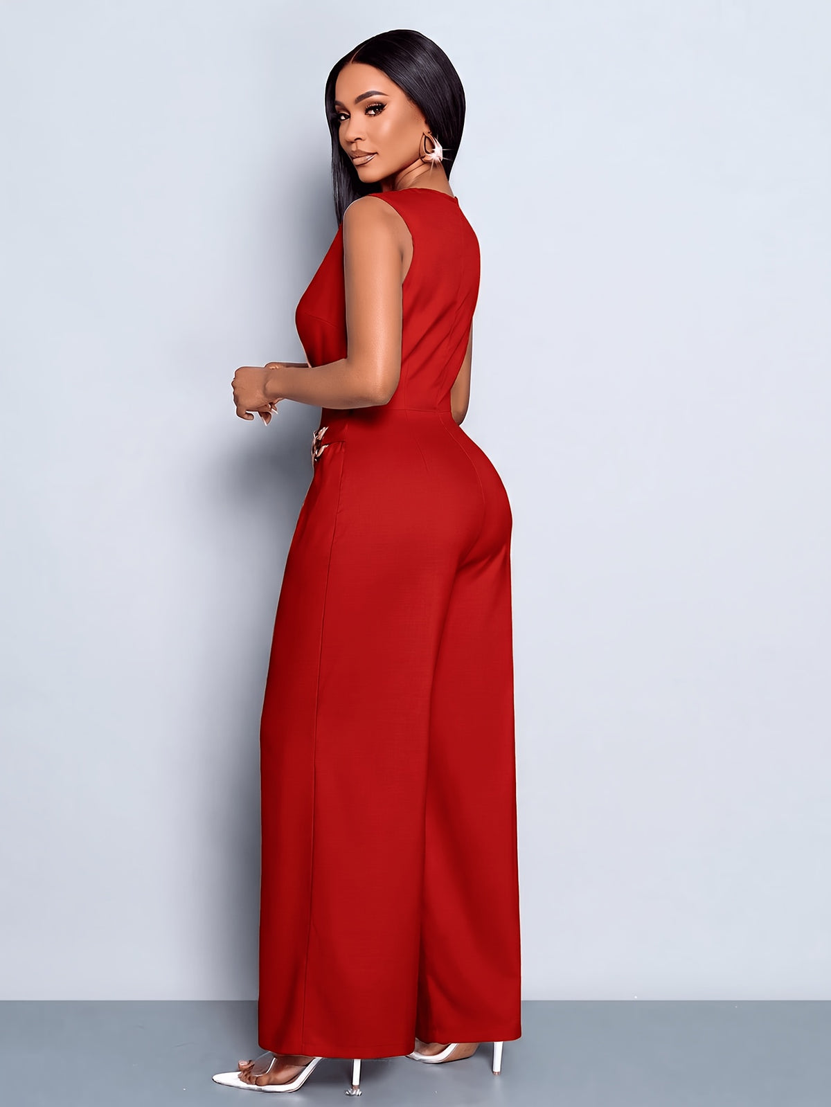 Women's Casual and Elegant Sleeveless Jumpsuit, Business Casual Wear, Simple Style Office Attire for Women - Red