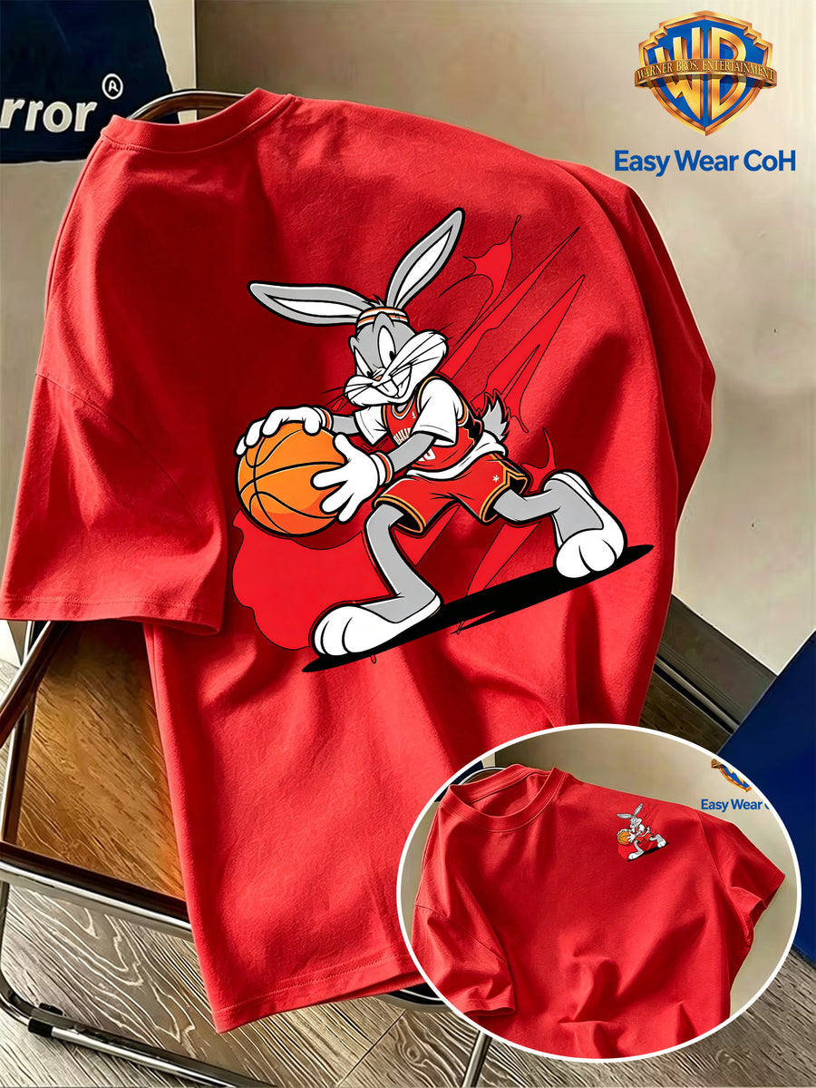 Warner Bros. Authentic Preppy Style Men's Short-Sleeve T-Shirt, Core Theme Ink Splatter Graffiti Sports Basketball Dribbling Cartoon Creative Print, Full of Dynamic Energy and Youthful Sporty Vibe, Skin-Friendly and Comfortable Fabric - Red