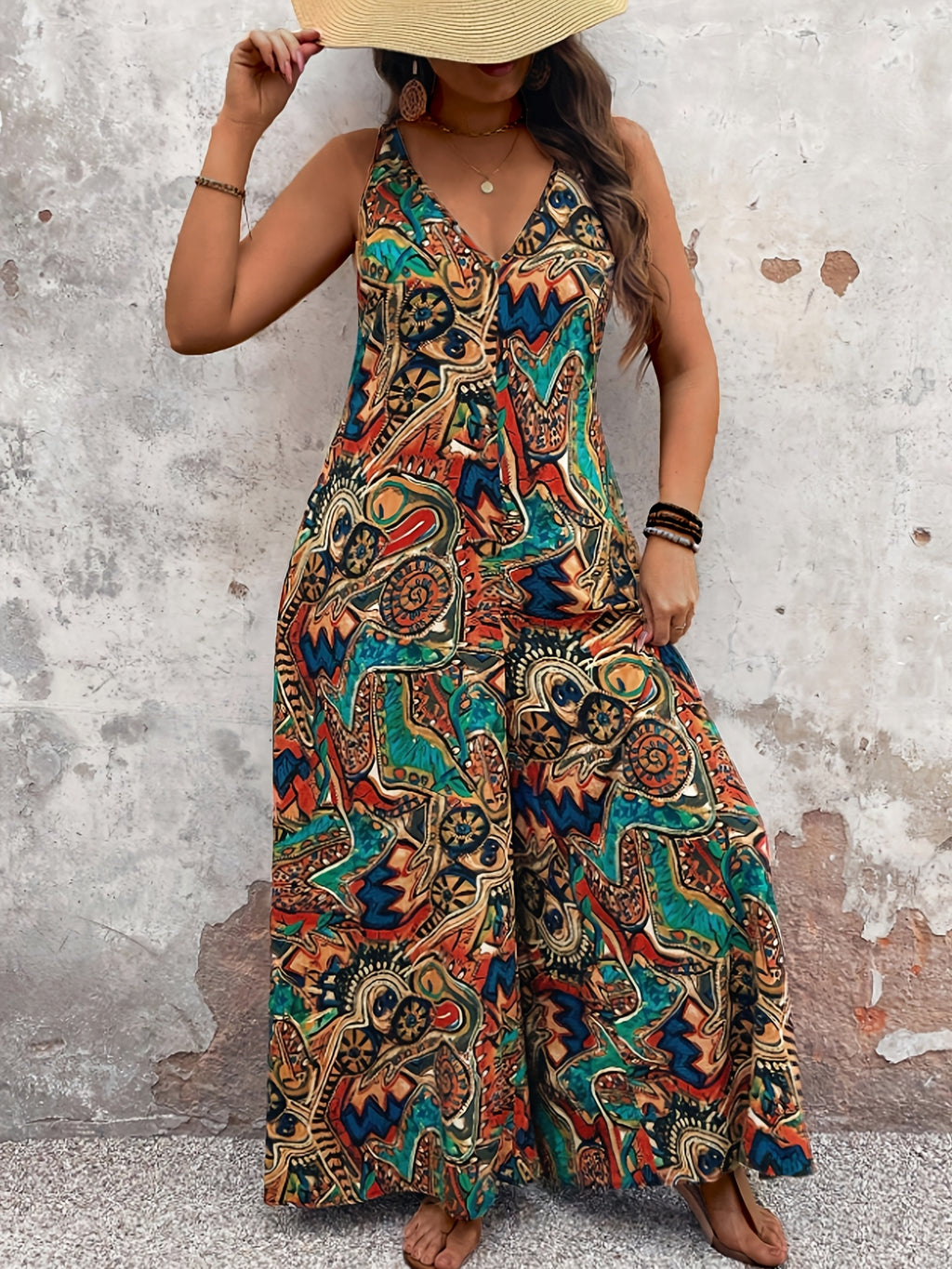 Women's Casual Vacation Print Jumpsuit, V-neck Sleeveless Design, Wide-leg Silhouette, Suitable for Vacation and Daily Wear - Mixed colors