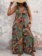 Women's Casual Vacation Print Jumpsuit, V-neck Sleeveless Design, Wide-leg Silhouette, Suitable for Vacation and Daily Wear - Mixed colors