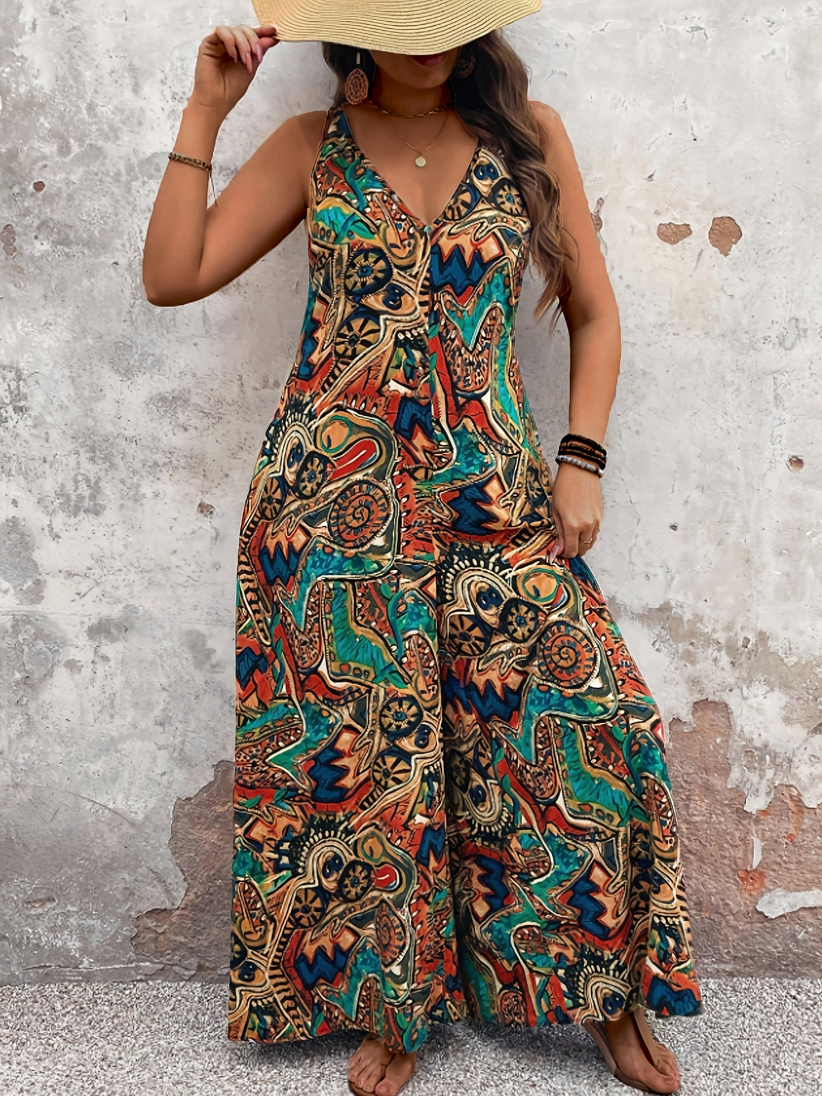 Women's Casual Vacation Print Jumpsuit, V-neck Sleeveless Design, Wide-leg Silhouette, Suitable for Vacation and Daily Wear - Mixed colors