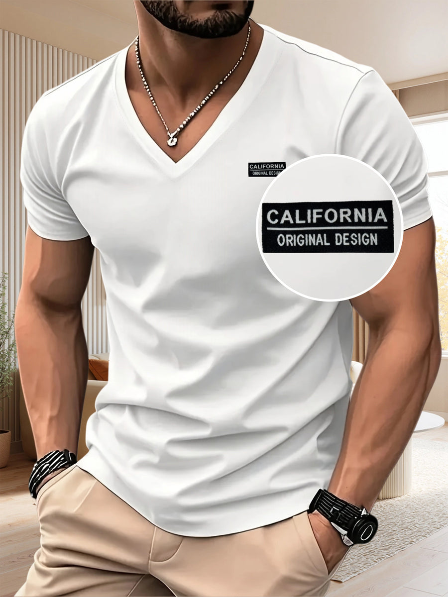[180G 100C] Men'S V-Neck T-Shirt Solid Color Short Sleeve Top Casual Base Layer, "CALIFORNIA" Letter Print, Men'S All-Season Daily Wear, Father'S Day Gift, Back-To-School Season, Date Night, Designed Clothing - White