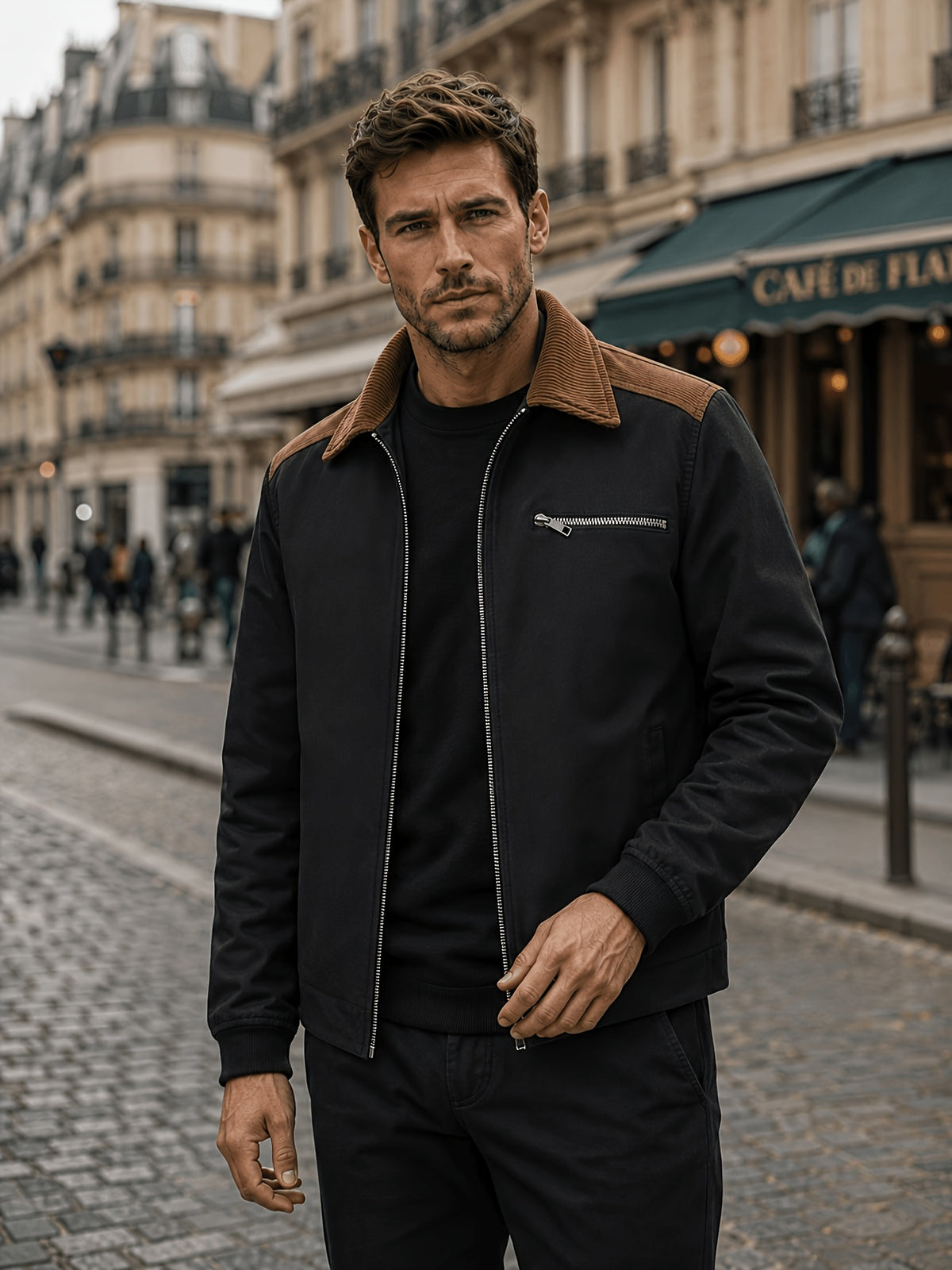 Men'S Regular Fit Lapel Collar Casual Outerwear, Zip-Front Jacket with Corduroy Splicing Detail for Retro Street & Daily Activities - Black