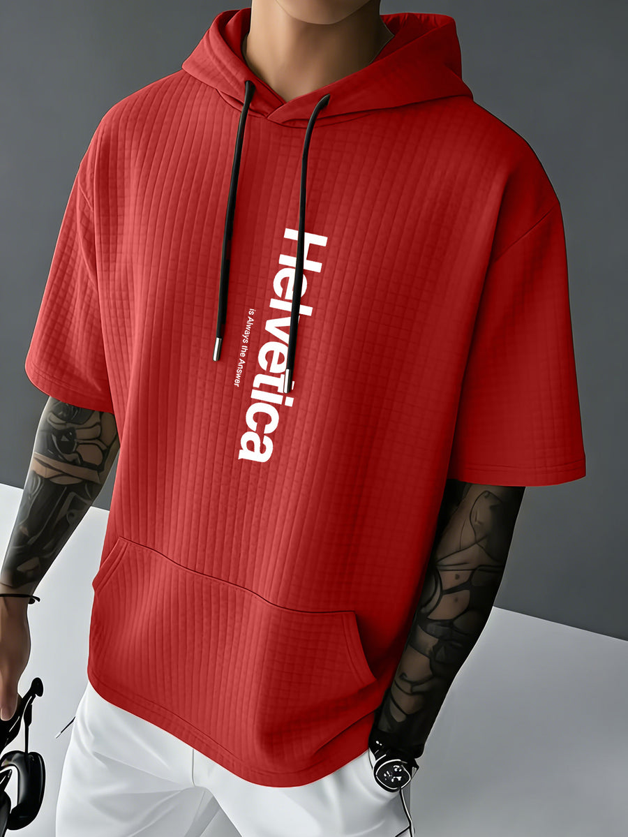 Helvetica Men's Waffle Knit Short-Sleeve Hoodie with Comfortable Printed Drawstring, Sweatshirt T-Shirt with Pocket, Summer Casual Fashion Men's Apparel, Suitable for Outings and Home Wear, for Daily and Formal Wear, Simple Summer Fashion for Sports - Red
