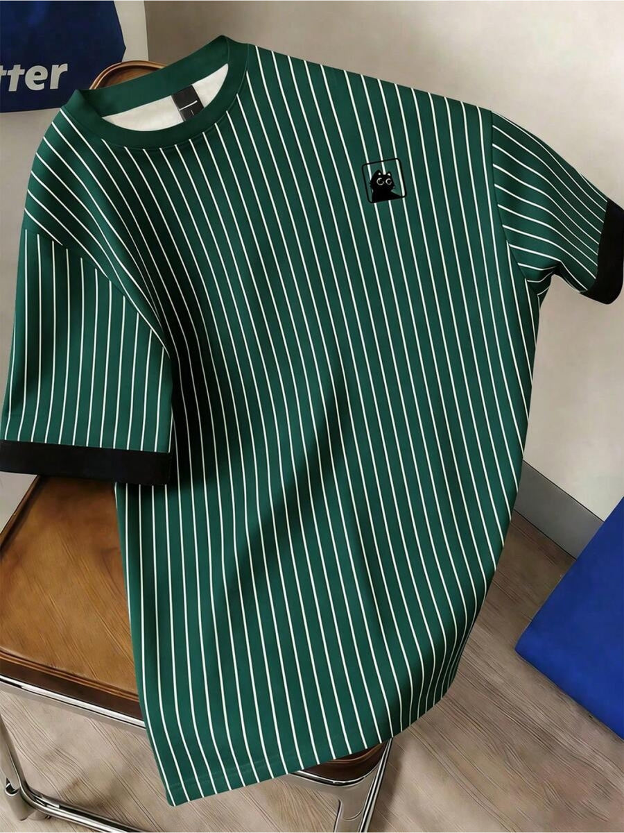 Men'S Casual Striped Cuff Patchwork Round Neck Summer T-Shirt, Comfortable And Breathable [Printed Design - Not Textured] - Mixed Color 1