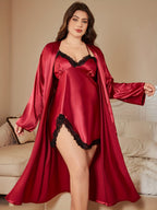 Valentine's Day Edition Women's Plus Size Long Lace Trim Camisole Nightgown 2pcs Set - Red